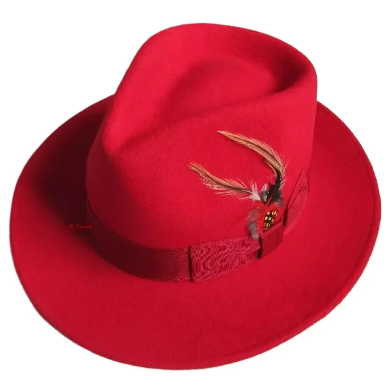 Wool Felt Fedora Hat Red Men's Vintage Feather Gentleman's Curved Wing Hats Party Dress Accessories Women