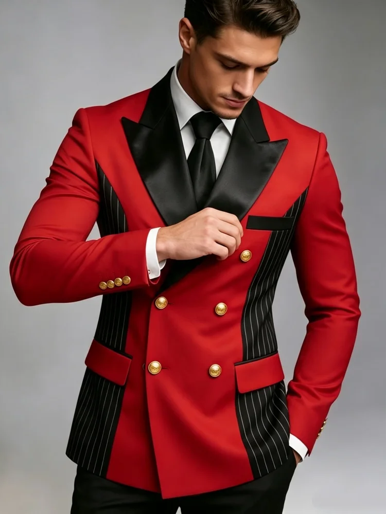 Men Slim Fit Red Double Breasted Blazer Contrast Peak Lapel Vertical Striped Casual Business Suit Jacket for Wedding Stage Party