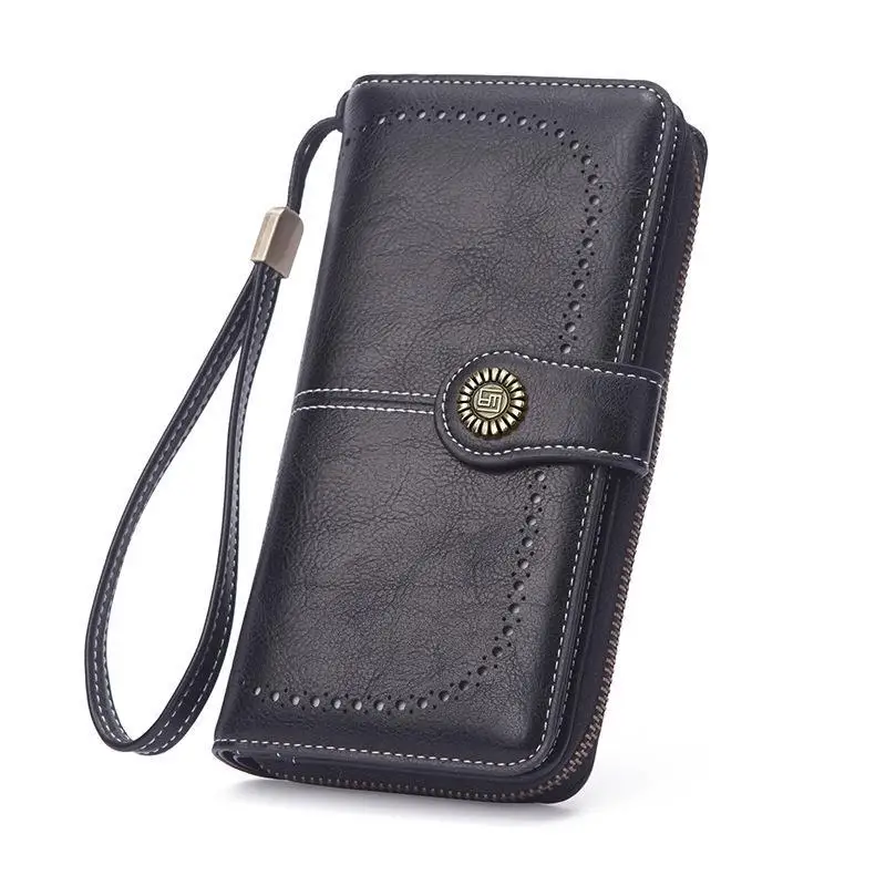New Vintage Leather Wallet for Women Large Capacity Long Style Coin Purse Oil-Wax Leather Fashionable European Design