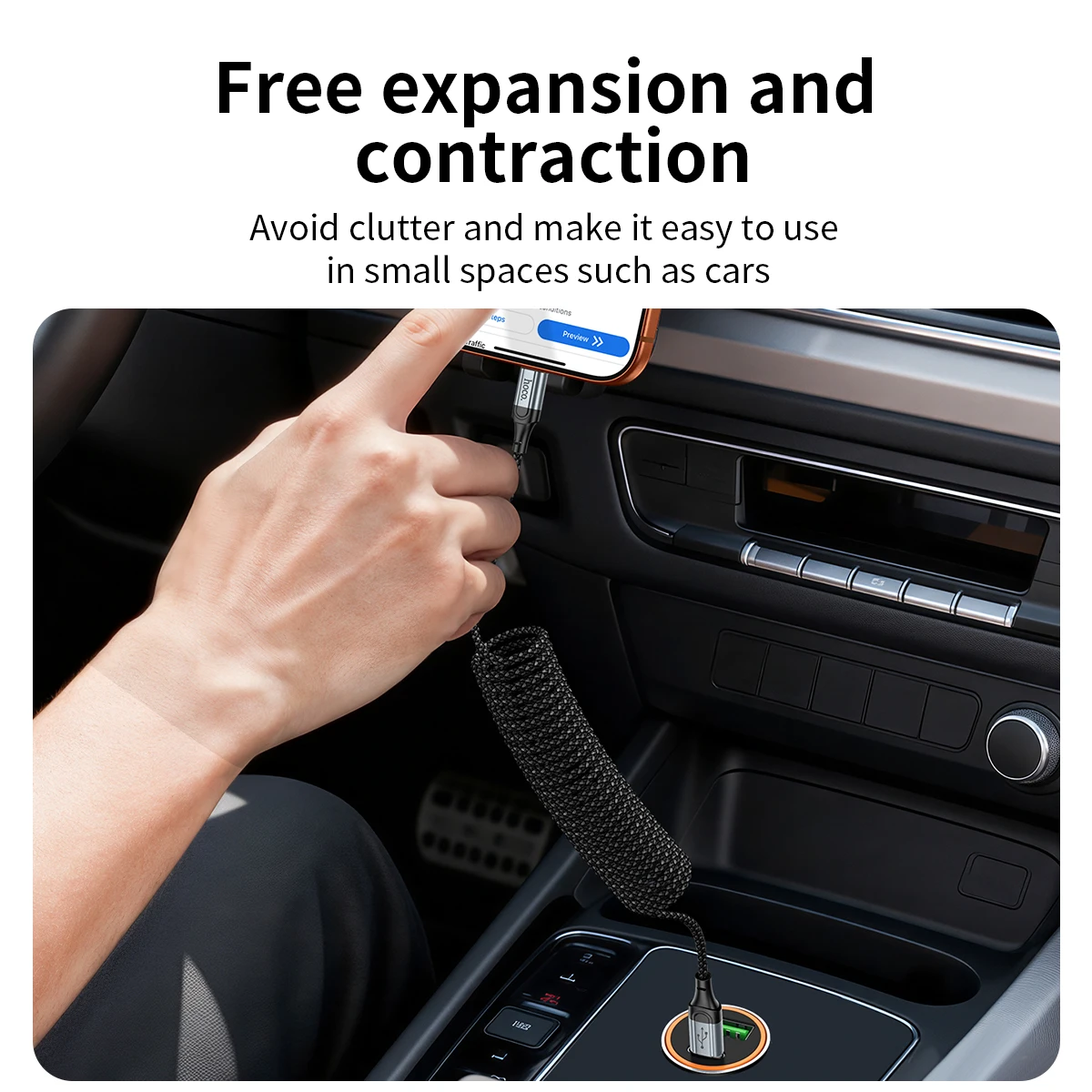 HOCO Spring USB C PD Fast Charging Cable For iPhone 16 15 USB A 3A Spring Telescopic Car Phone Wired Cord For Samsung S23 S24 25