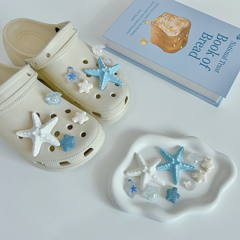Sea Shell Hole Punch Shoe Charms DIY Ocean Lava Rock & Starfish Shoe Clips for Summer Sandals & Slippers Decorations Women Gifts