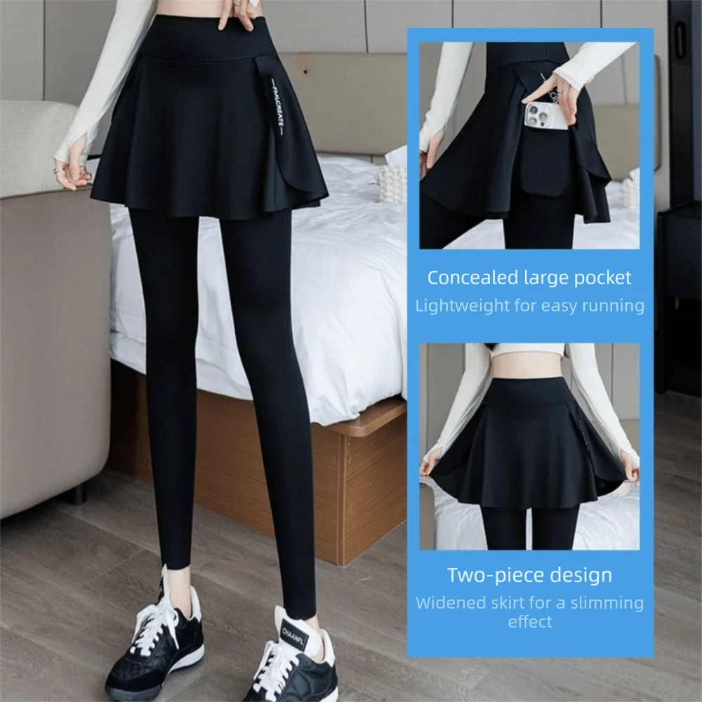 Faux Two Piece Women Yoga Pants Side Pocket High Waisted Athletic Leggings Full Length Elastic Waist Sport Leggings Running
