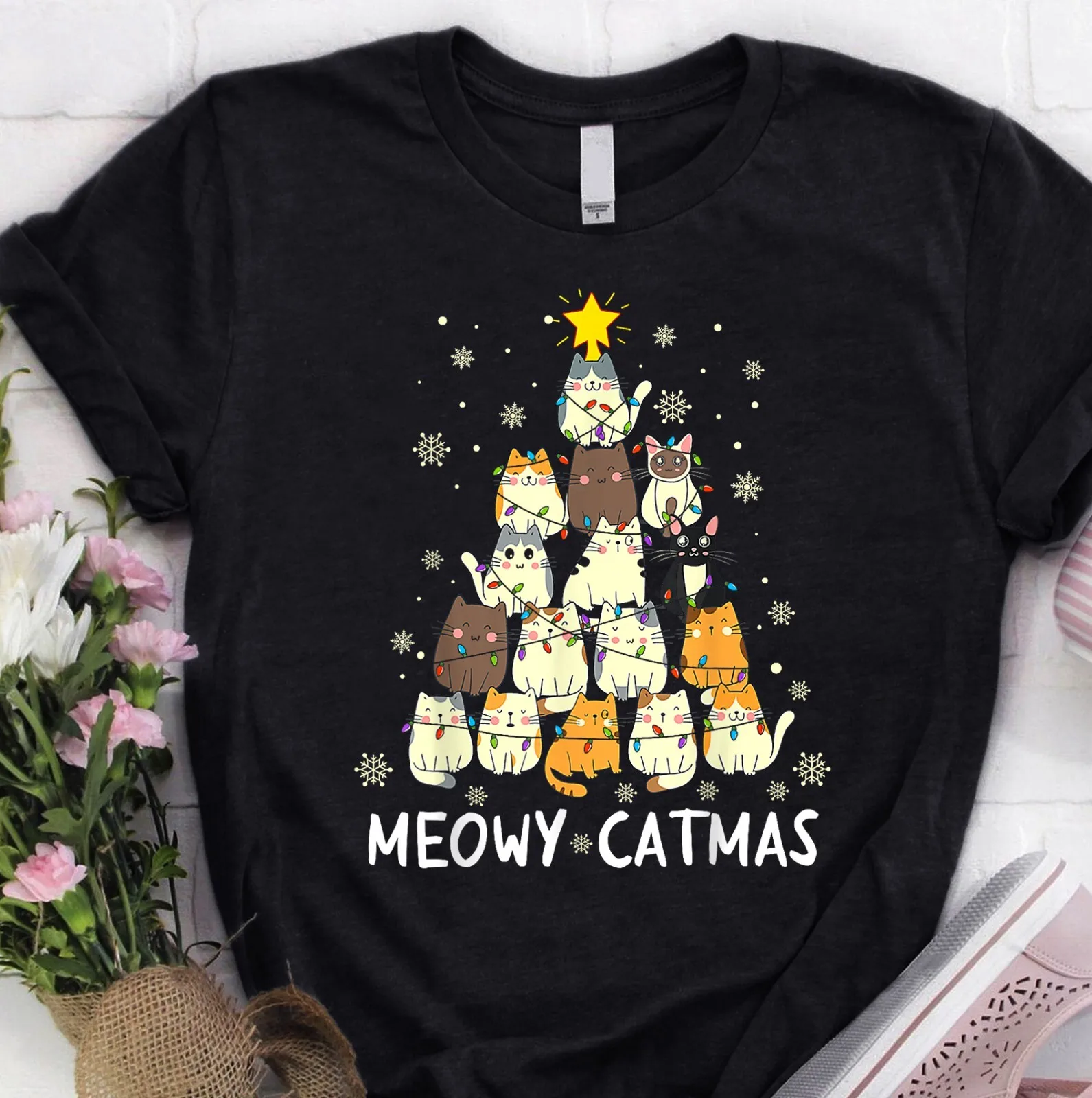 

New Meowy Catmas Cat Christmas Tree Xmas Girls Boys Funny Santa T shirt