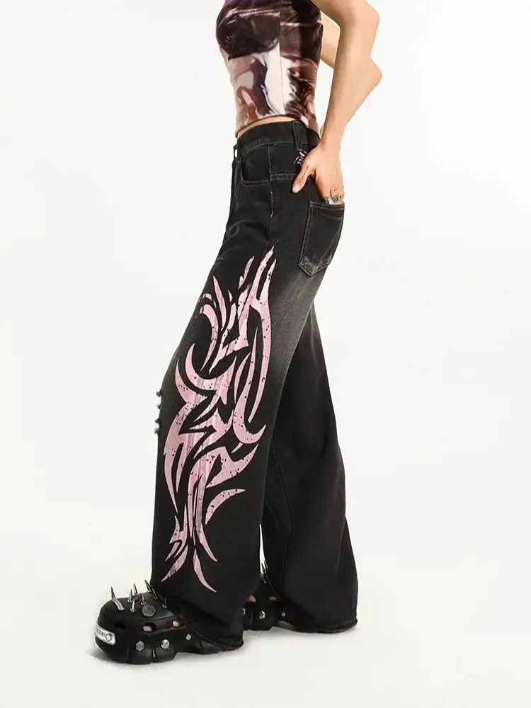 

Y2K American Vintage Mottled Totem Print Baggy Jeans for Women High Waist Wide Leg Jeans Women's Trendy Hip-hop Harajuku Jeans
