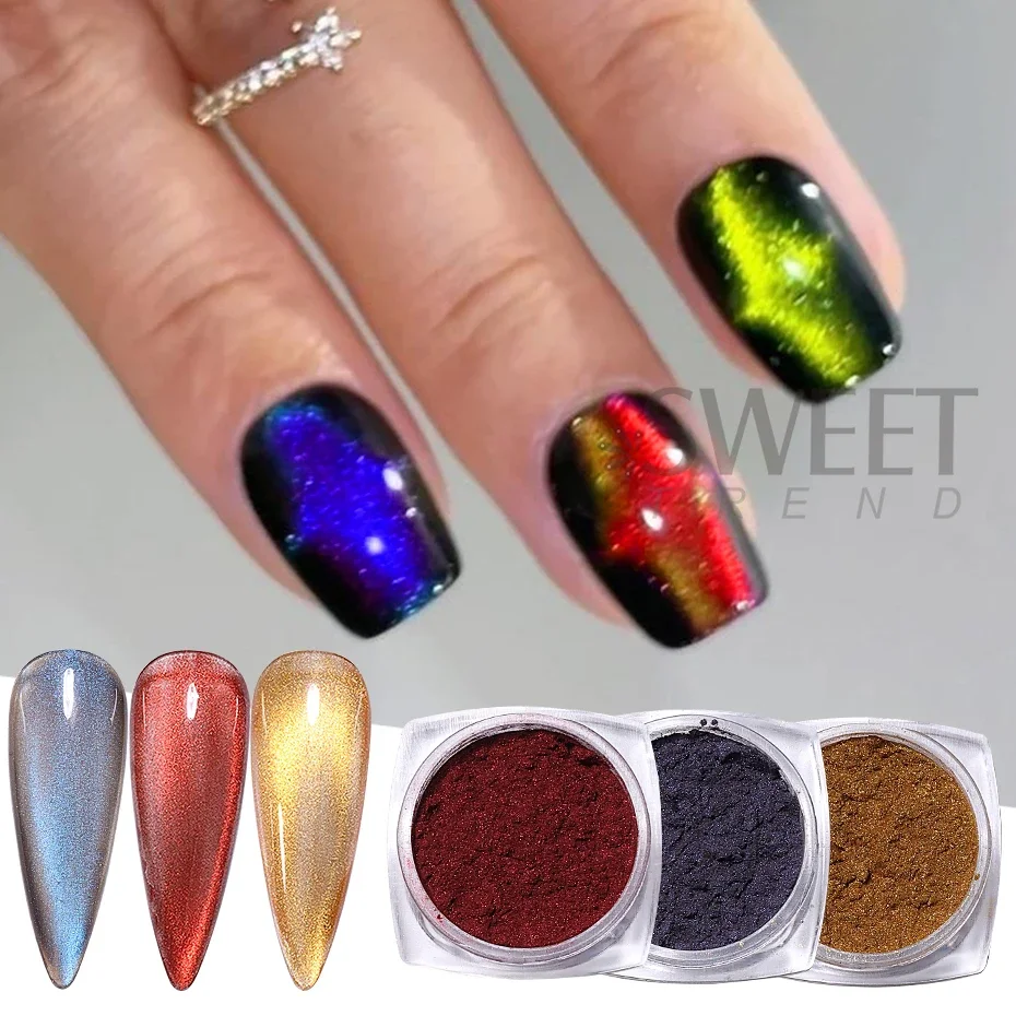 6 Kolorów Efekt Kociego Oka Chromowany Magnetyczny Puder do Paznokci Perłowy Pigment Wróżkowy Efekt Odblaskowy Pyłek do Wcierania DIY Ozdoba do Manicure Efekt Błyskawiczny