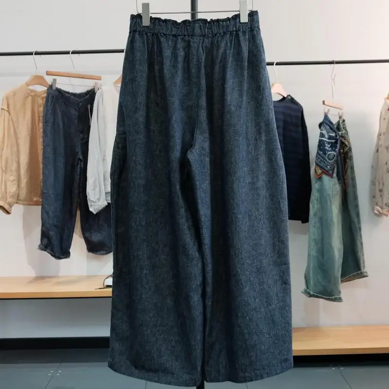 Spring Autumn New Arts Style Women Elastic Waist Loose Trousers All-matched Casual Cotton Linen Wide Leg Pants High Quality TS80