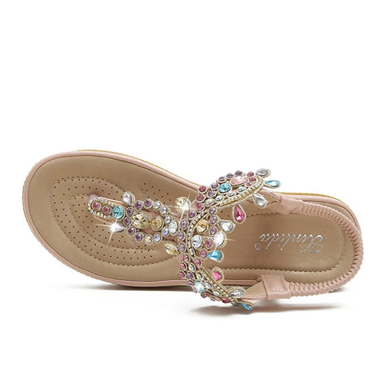 Summer New Round Toe Women\'s Flip Flops Fashion Personality Rhinestone Ladies Sandals Roman Crystal Platform Elastic Band Casual