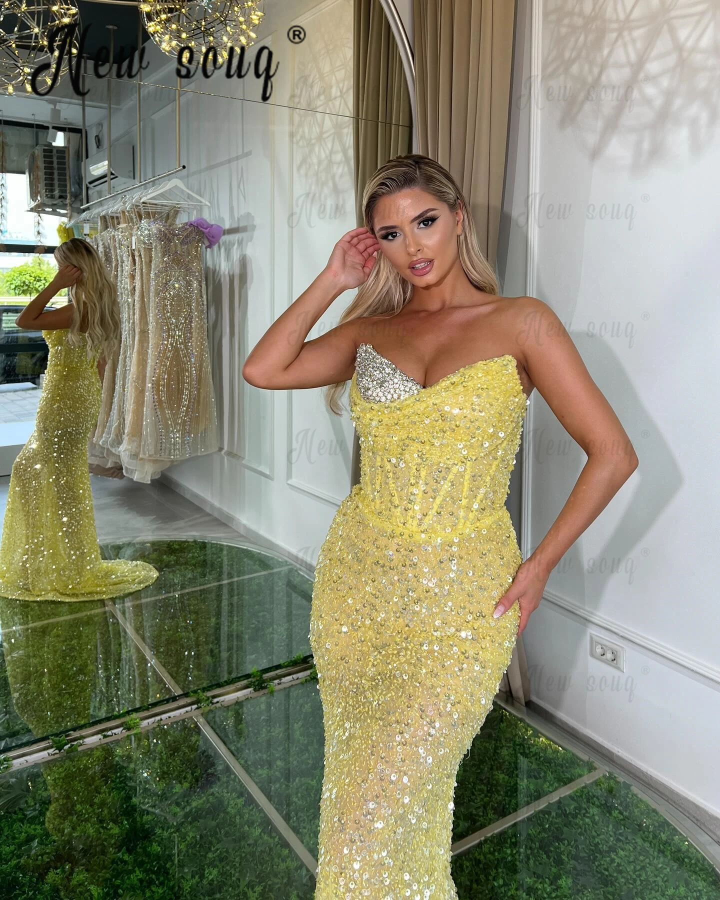 Gold Yellow Long Evening Dresses Strapless Sleeveless Sequins Luxury Dresses Women 2024 For Wedding Party Dubai 2024 Custom