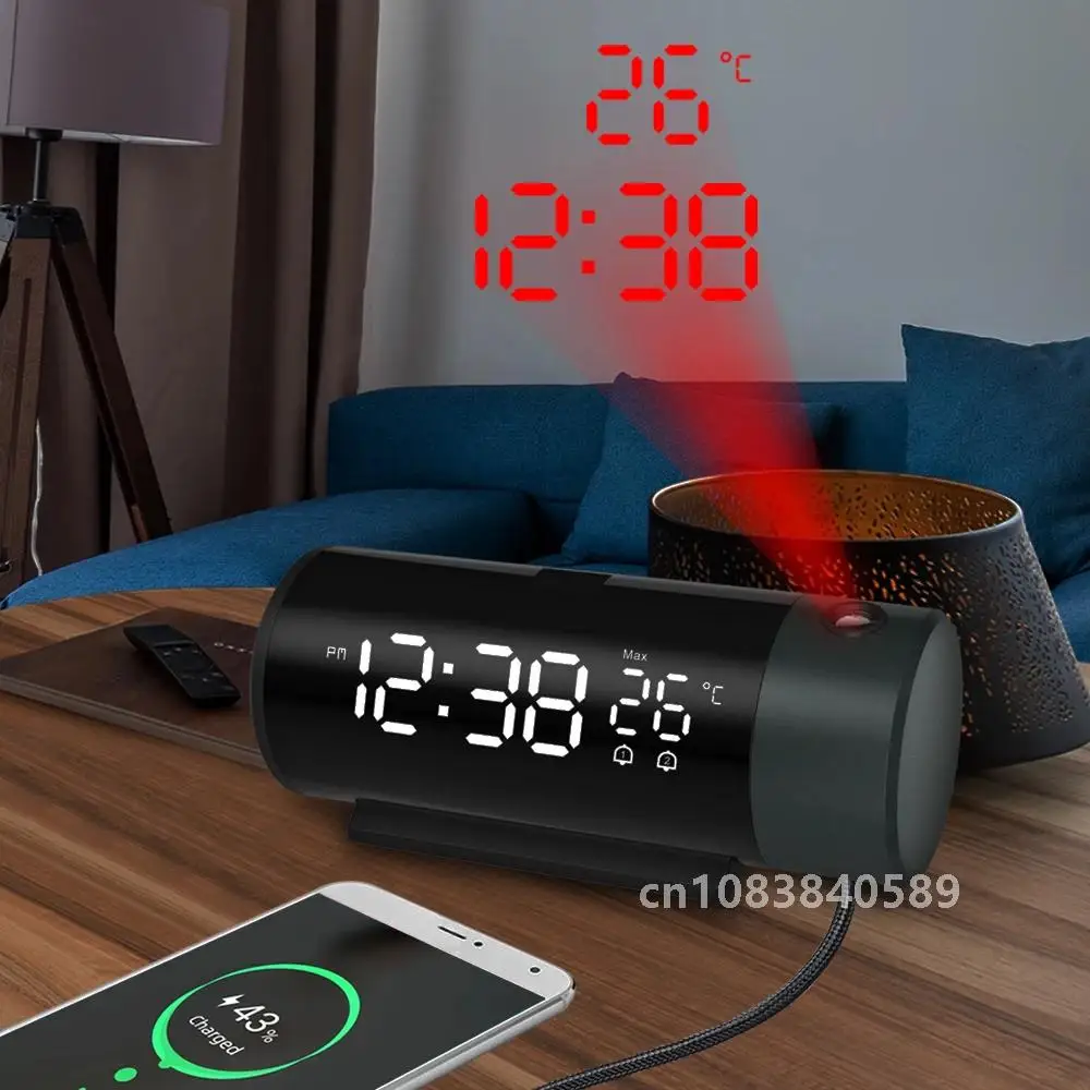 Digital Projection Alarm Clock With Temperature 180°Rotation USB Electronic Table Bedroom Bedside Clocks 3D Wall Snooze Function