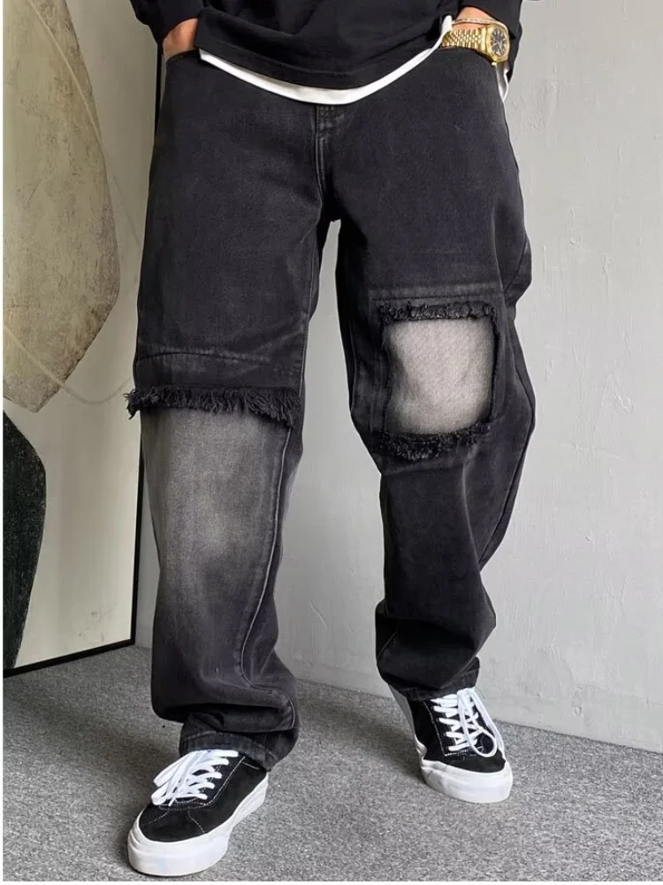Trashy Y2K 2000S Streetwear Patchwork Slim Gestapelt Jeans Hosen Männer Für 90S Vintage Kleidung Schwarz Grau Harem Luxus lange Hosen – Detail 9