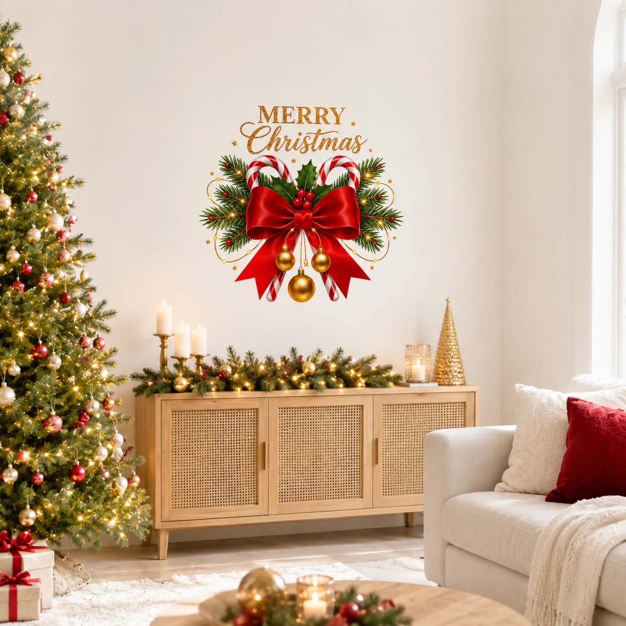 Merry Christmas Wall Decals Xmas Candy Canes Red Bow Holly Berry Bauble Holiday Wall Sticker Kitchen Home Decor