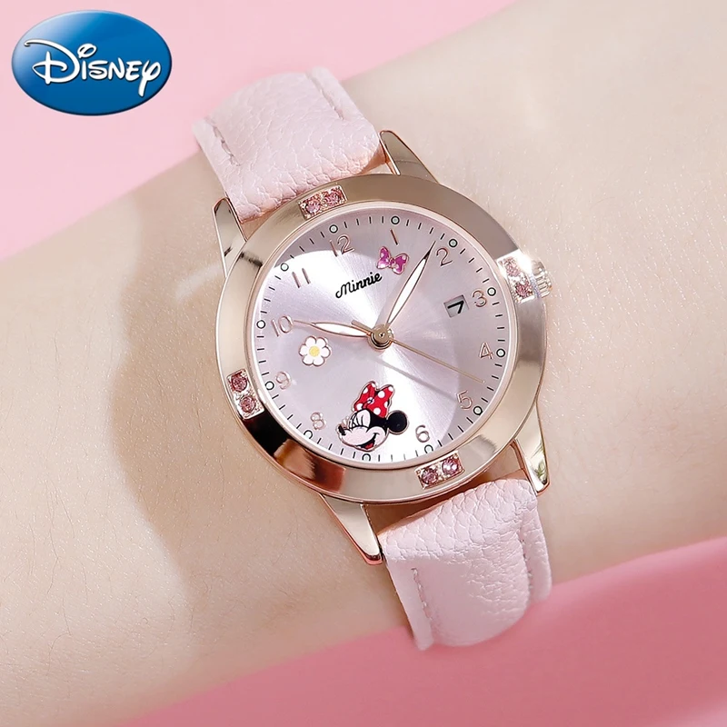 Disney Cartoon Minnie Watch para meninas, calendário feminino, quartzo, fofo, cristal, relógios infantis, relógio infantil, presente de aniversário, presente