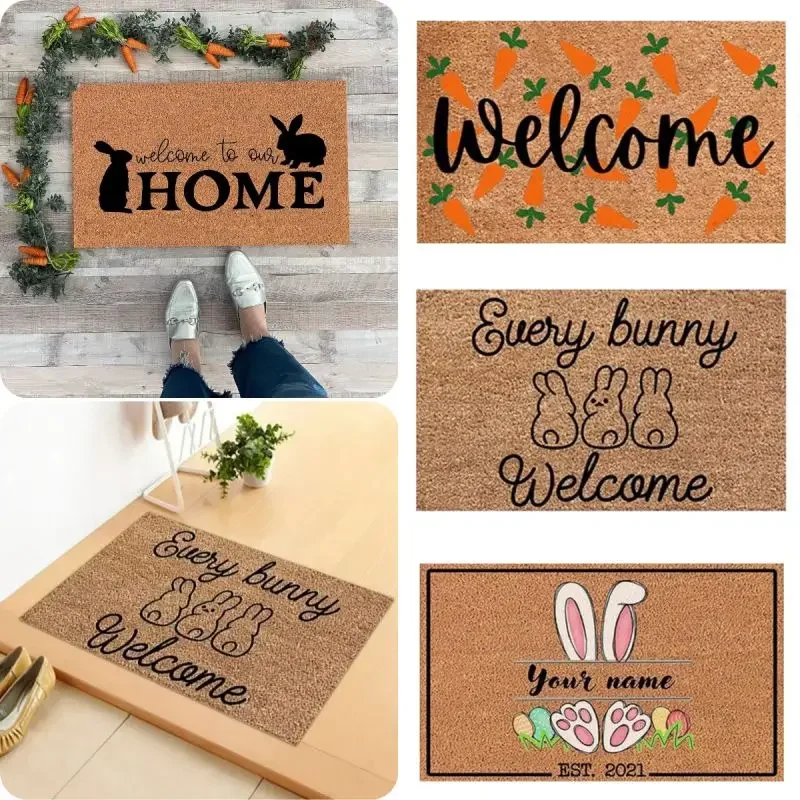 Cute Rabbit Print Mat Happy Easter Entrance Floor Decorative Washable Carpet Non-slip Easy Clean Rug Wrinkle-Resistant Doormat