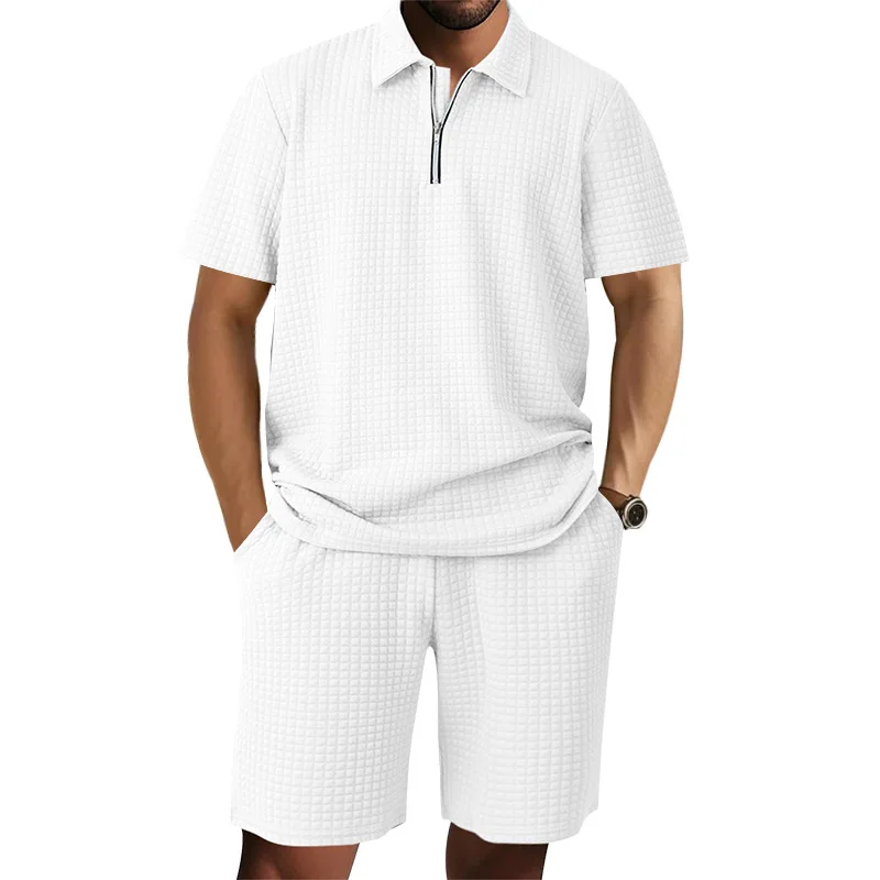 

Men's Waffle Knit Polo Shirt & Shorts Set Casual Half-Zip Summer Outfit
