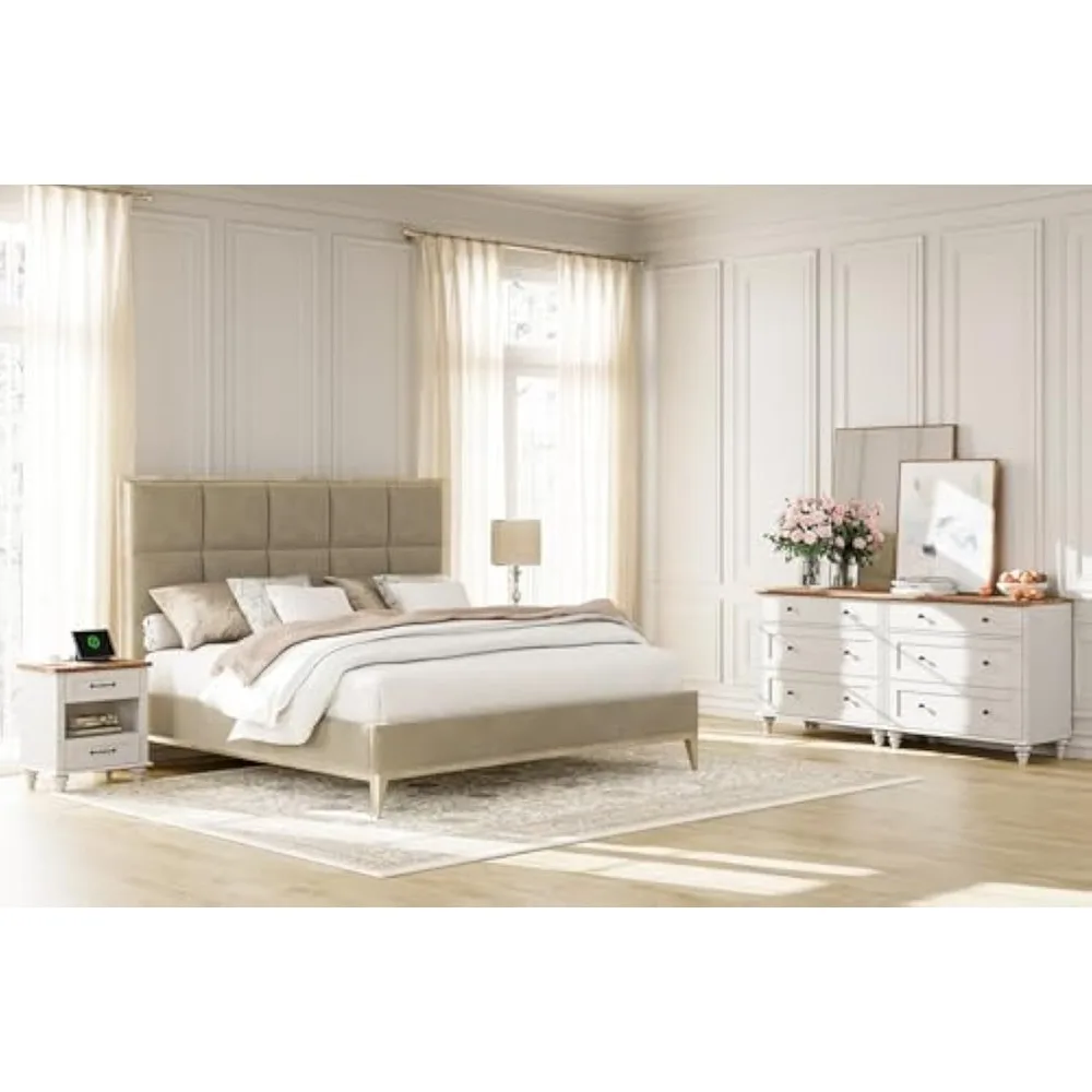 

mid-century 4-piece bedroom furniture set: two 3-drawer dressers and pair of nightstands with charging stations