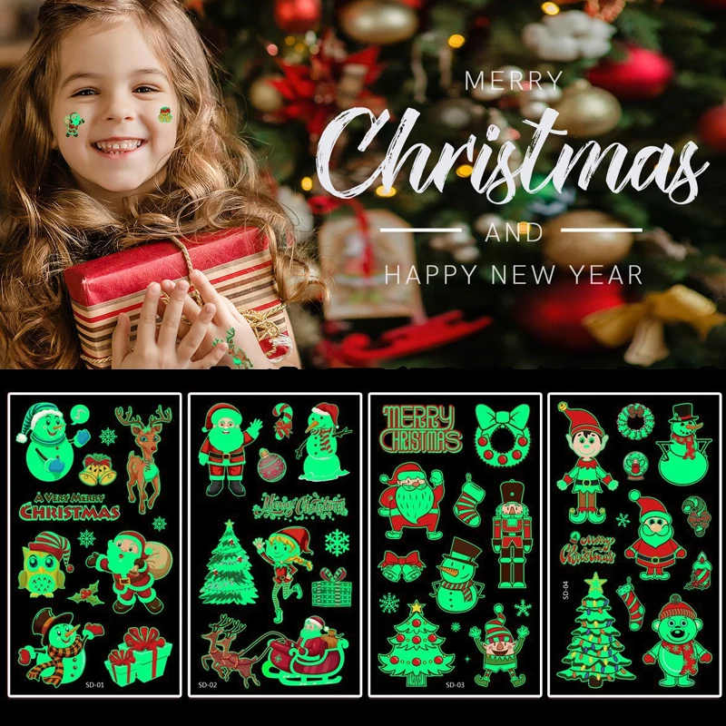 10 Sheets/Set Christmas Luminous Tattoo Sticker Kid Arm Face Glowing Waterproof Tattoos False Temporary Tattoo Stickers