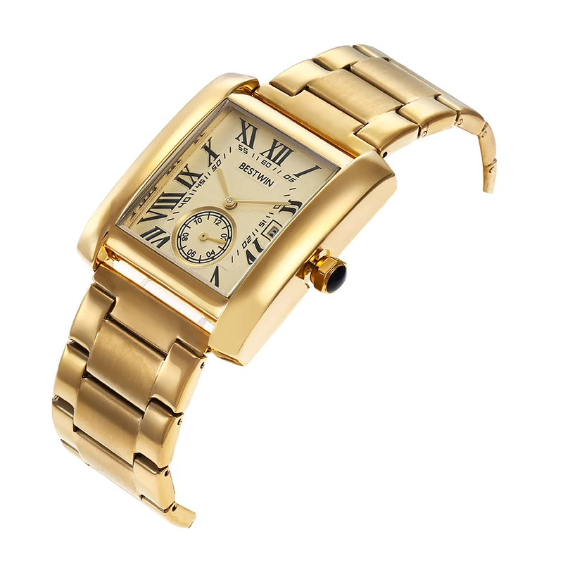 Reloj de lujo para hombre, pulsera de cuarzo con números romanos, oro blanco, correa de Metal, rectangular, clásico, de marca, de negocios