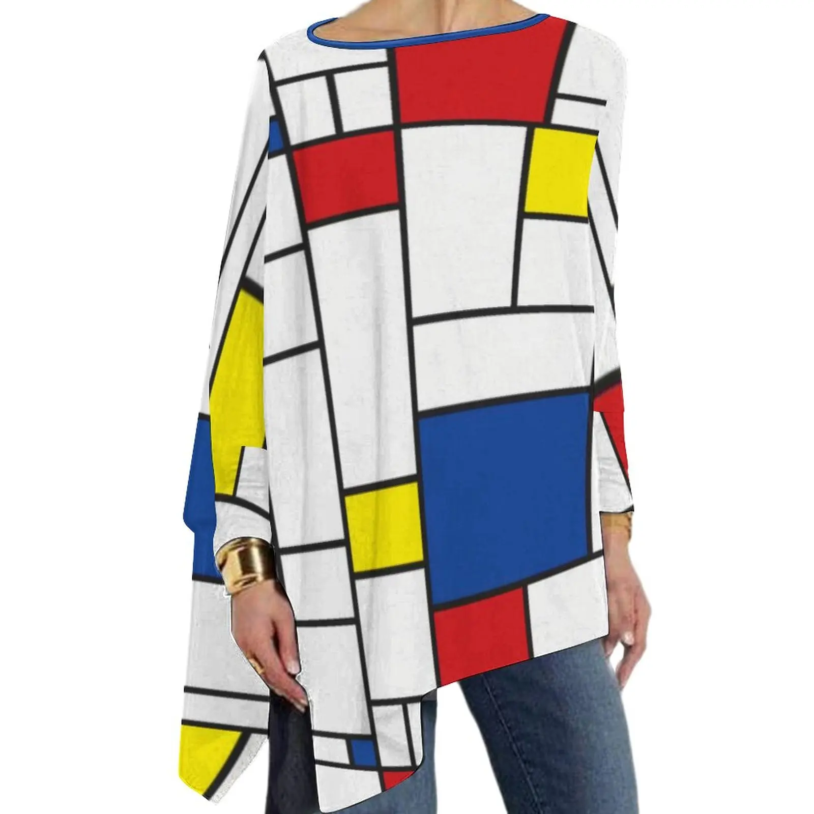 Retro Mondrian Plaid T-Shirt Mondrian Modern Art Cute Long Sleeve T-Shirts Womens Loose Tee Shirt Big Size Graphic Top Tees