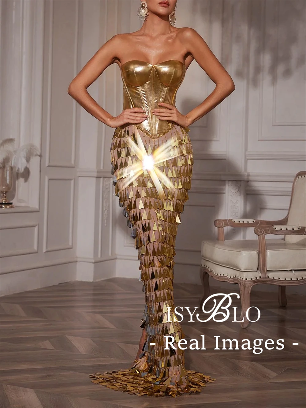 

ISYBLO Gold Sequined Maxi Evening Dress for Women, Strapless Long Sheath Prom Dresses Real Images Night Club Dresses