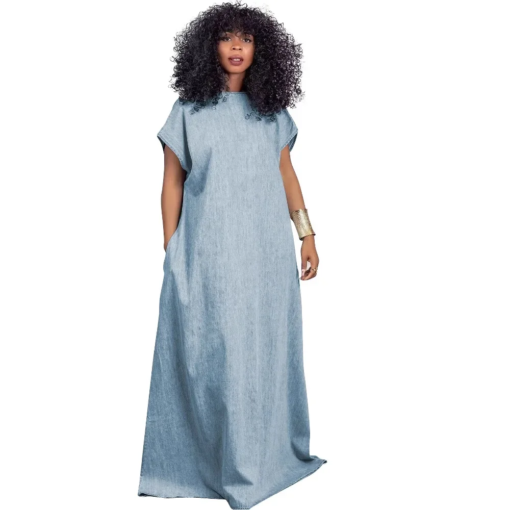 

Deep V Backless Dress NEW Short-sleeved Solid Color Loose New Women's Clothing Pullover Denim Dress Retro