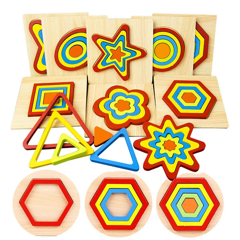 

Wooden Geometric Shapes Cognition Puzzle Board 3D Wood Puzzle Toys for Baby Montessori Preschool Learning Puzzle