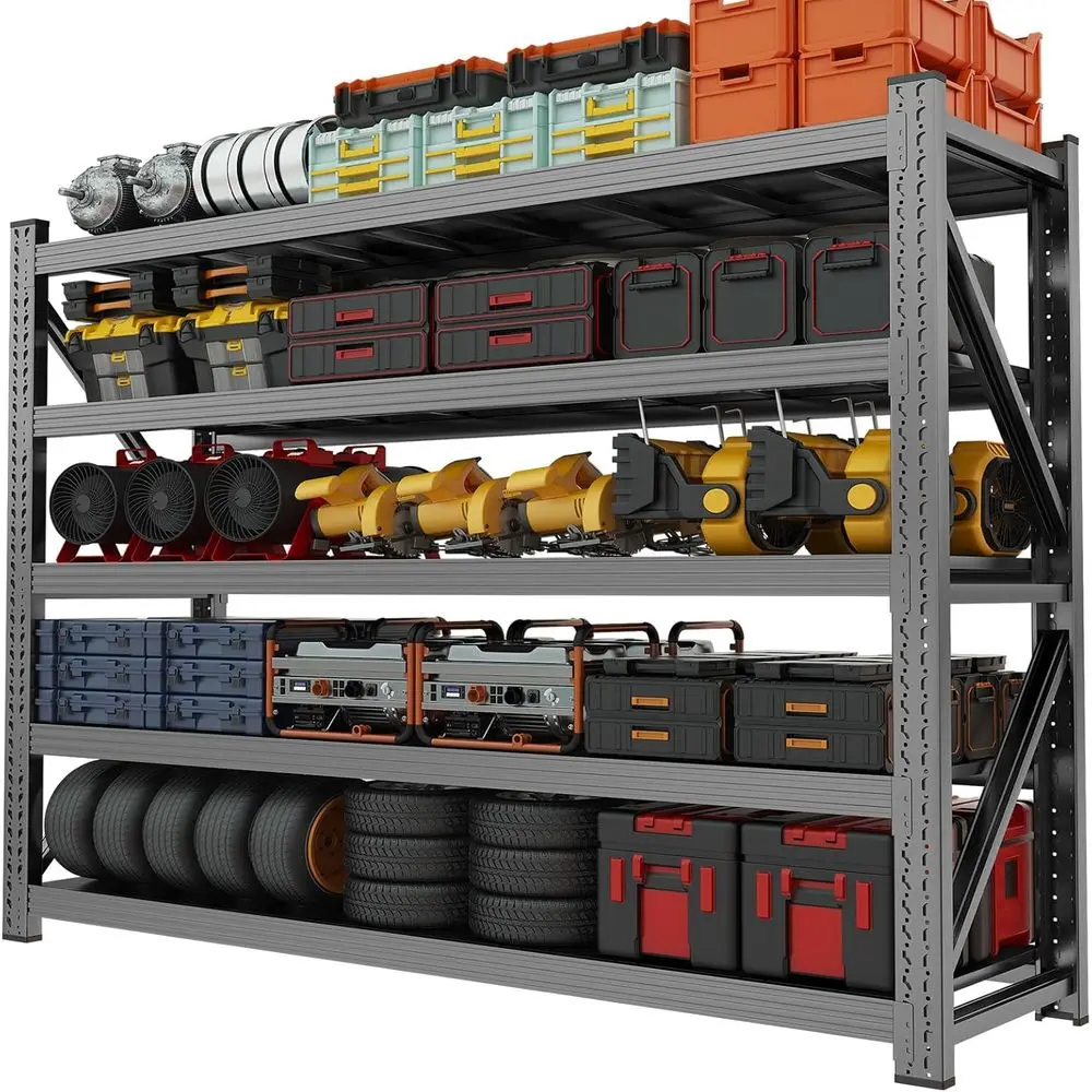 

Промышленный 5-ярусный регулируемый металлический стеллаж для гаража, мастерской или склада — ширина 63 дюйма, глубина 24 дюйма, высота 71 дюйм, выдерживает нагрузку до 6000 фунтов