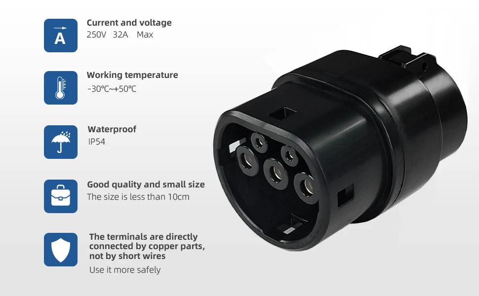 EVqiaoyi J1772 auf Typ2 Adapter 32A 7kW Stecker SAE Typ 1 EV-Ladesäule für Typ 2 Elektrofahrzeuge Adapter – Detail 4