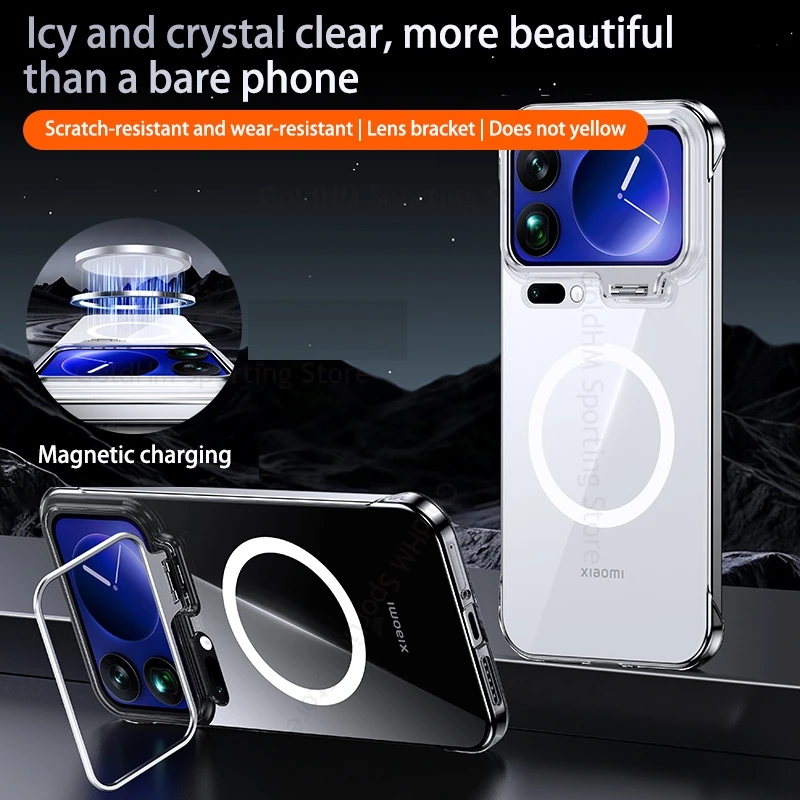 

Frameless For Magsafe Magnetic Case For Xiaomi 17 Pro Max Flip Lens Stand Invisible Bracket Clear Cover For XIAOMI 15 14 17 Pro