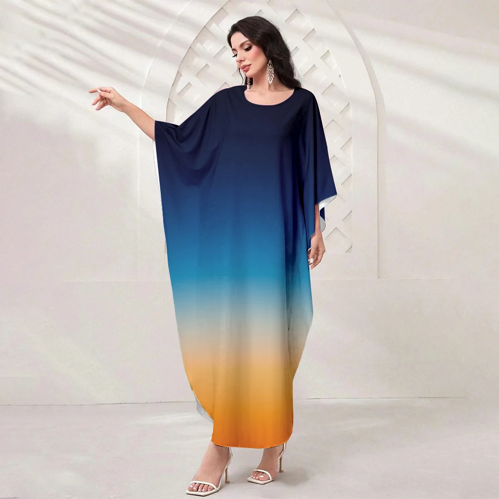 2024 New Loose Women's Muslim Long Gradient Printed Batwing Sleeve Robe O Neck Islamic Robe Dress Turkish Long Women's Shirt