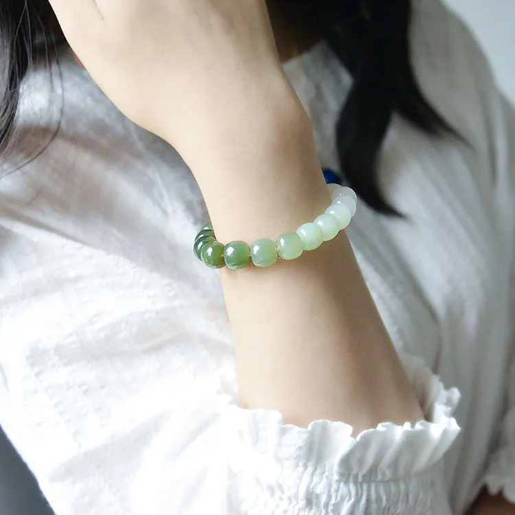 Natural Hetian Jade Bracelet Gradient Color Beads Fashion Fresh Jewelry Men's and Women's Single Circle Bracelet Gift