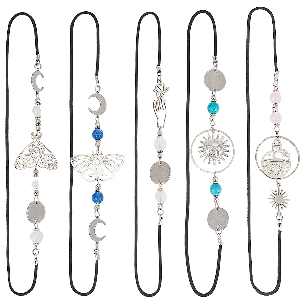 1 Box 6Pcs 6 Styles Elastic Bookmark Charm Book Marks Metal 304 Stainless Steel Polyester Silver Sun Moon Moth Beads Book Makers