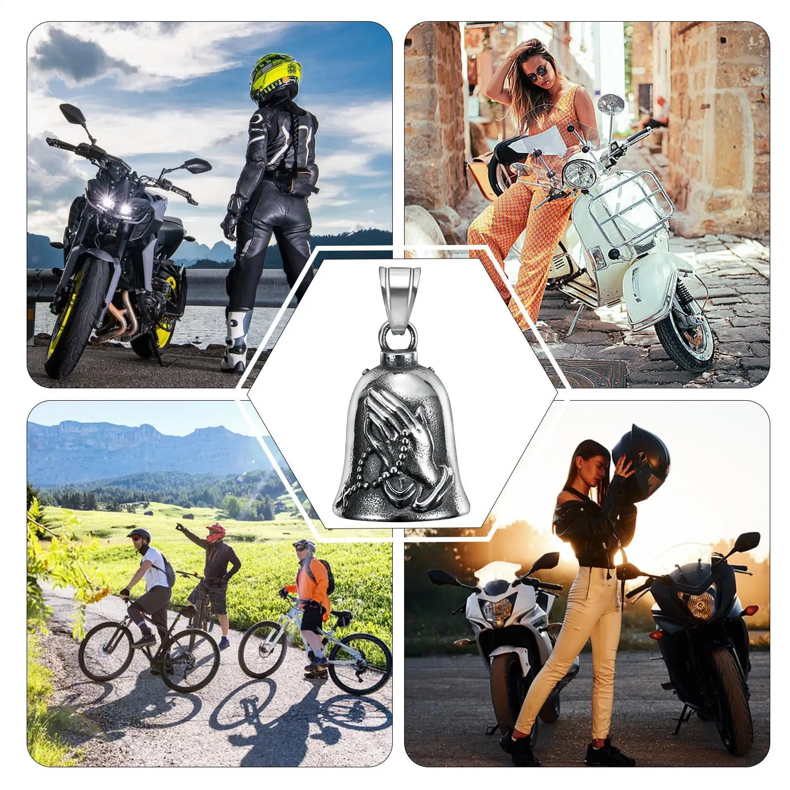1pc Motorcycle Luckyd Bell Praying Hand Luck Bell Keychain Made Stainless Steel Motorcycle Safety Decoration For Bring Good Luck