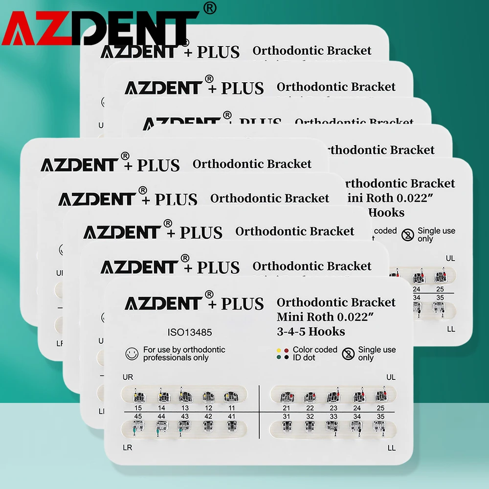 10 paczek = 200 sztuk Azdent wsporniki dentystyczne aparat ortodontyczny metalowy standard Mini Roth/MBT 022/018 haki 3/345 siatkowa podstawa