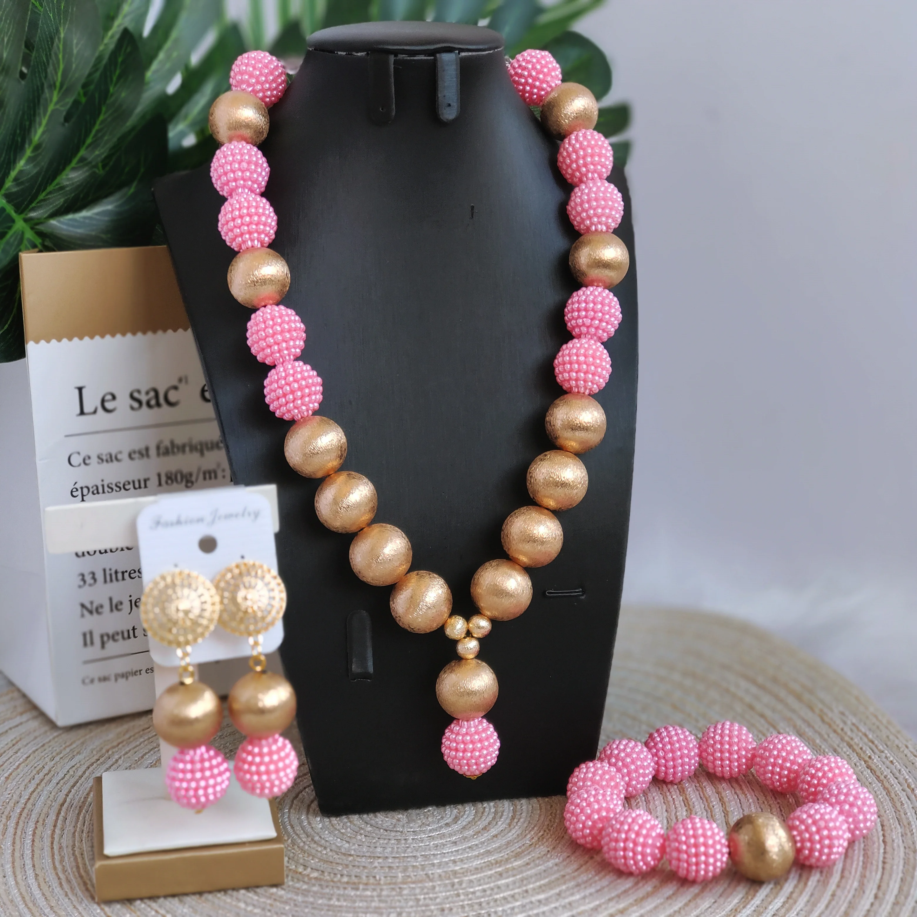 African Necklace Nigerian Wedding Peach Beads Jewelry Set Simulated Pearl