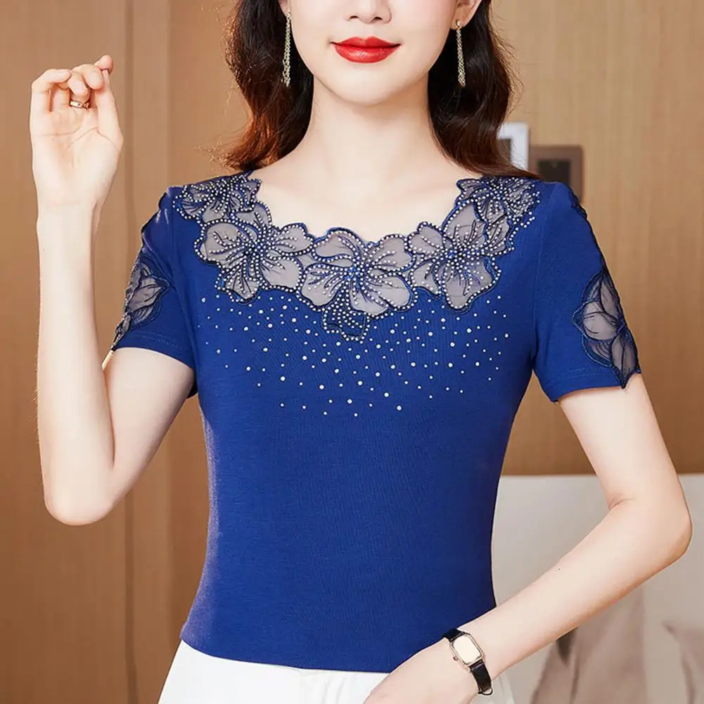 Women Solid Color Blouses Elegant Hollow Out Mesh Women\'s T-shirt for Summer Parties Travel Slim O-neck Blouse for Work Daily