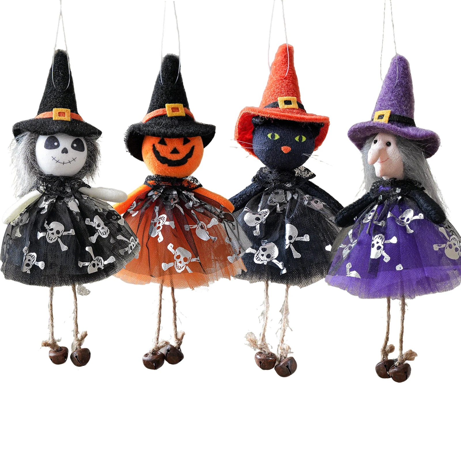 

4pcs 2025 Halloween Hanging Ornaments with Bell, Halloween Decorative Pendant, Hallows' Eve Ornament, Halloween Party Decoration