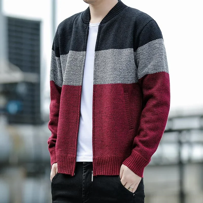 

New Men's Casual Contrast Color Long Sleeve Knitted Top with Velvet Warmth for Autumn and Winter Fashion Multi Functional Jacket