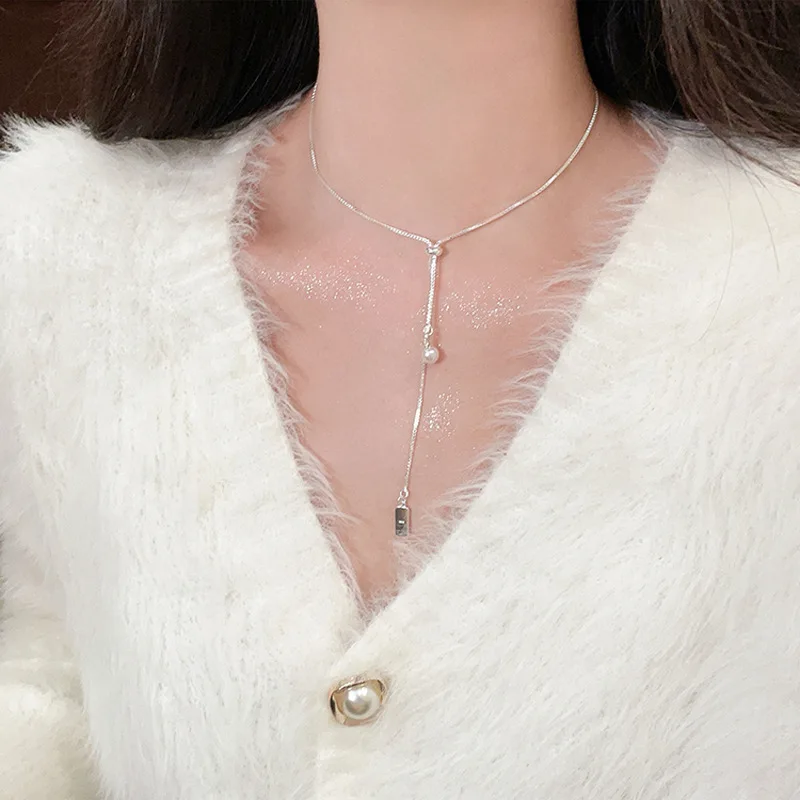 

925 Sterling Silver Necklace Adjustable Tag Pearl Pendant Elegant Choker for Women Girl Jewelry Gift Dropshipping Wholesale