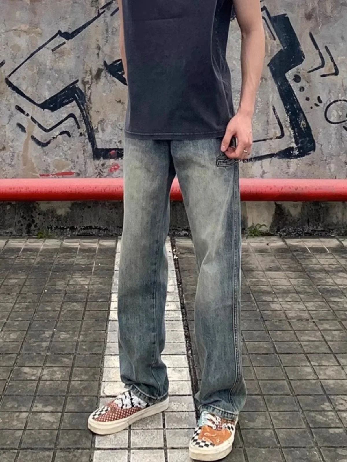 

Vintage Waed Straight Leg Men's Jeans Casual Versatile Loose Long Trousers Classic Blue Denim mid Waist No Stretch American...