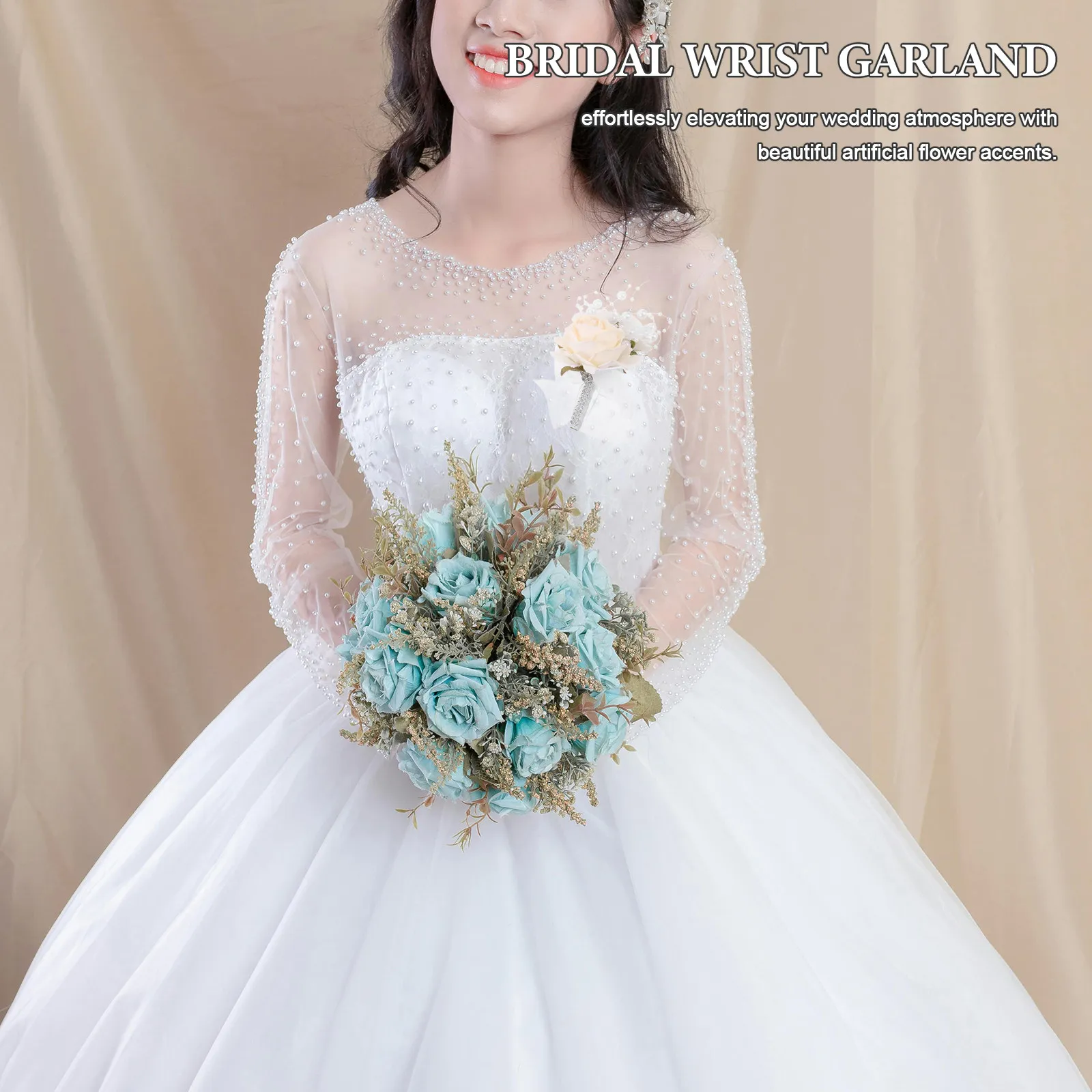 Artificial Bridal Flower Corsage Wristlet for Wedding, Prom, Party – Elegant Beige Wrist Garland Bracelet (2 pcs)