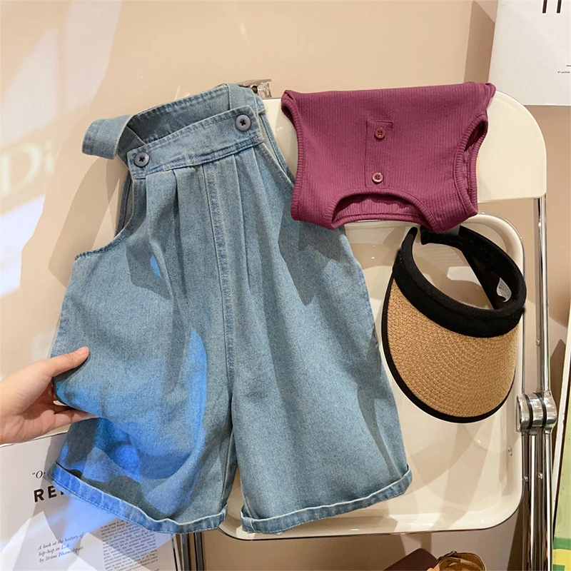 

2023 Summer Groups Of Women's Cargo Jeans Wide Pant And Children's Vest Casual Korean Style Girls Sets Two Pieces 2 To 8 Years