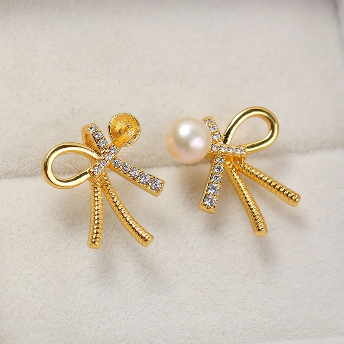 Cute Women Brass 14K Gold‑Filled Bow CZ Blank Setting Handmade Findings For DIY Pearl S925 Silver Needle Stud Earring