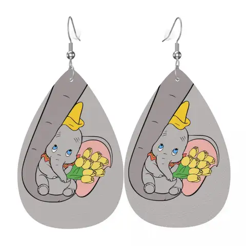 Custom Dumbo Cartoon Leather Teardrop Earrings Personalized For Women Cute Elephant Jewelry Accessories For Valentine's Day
