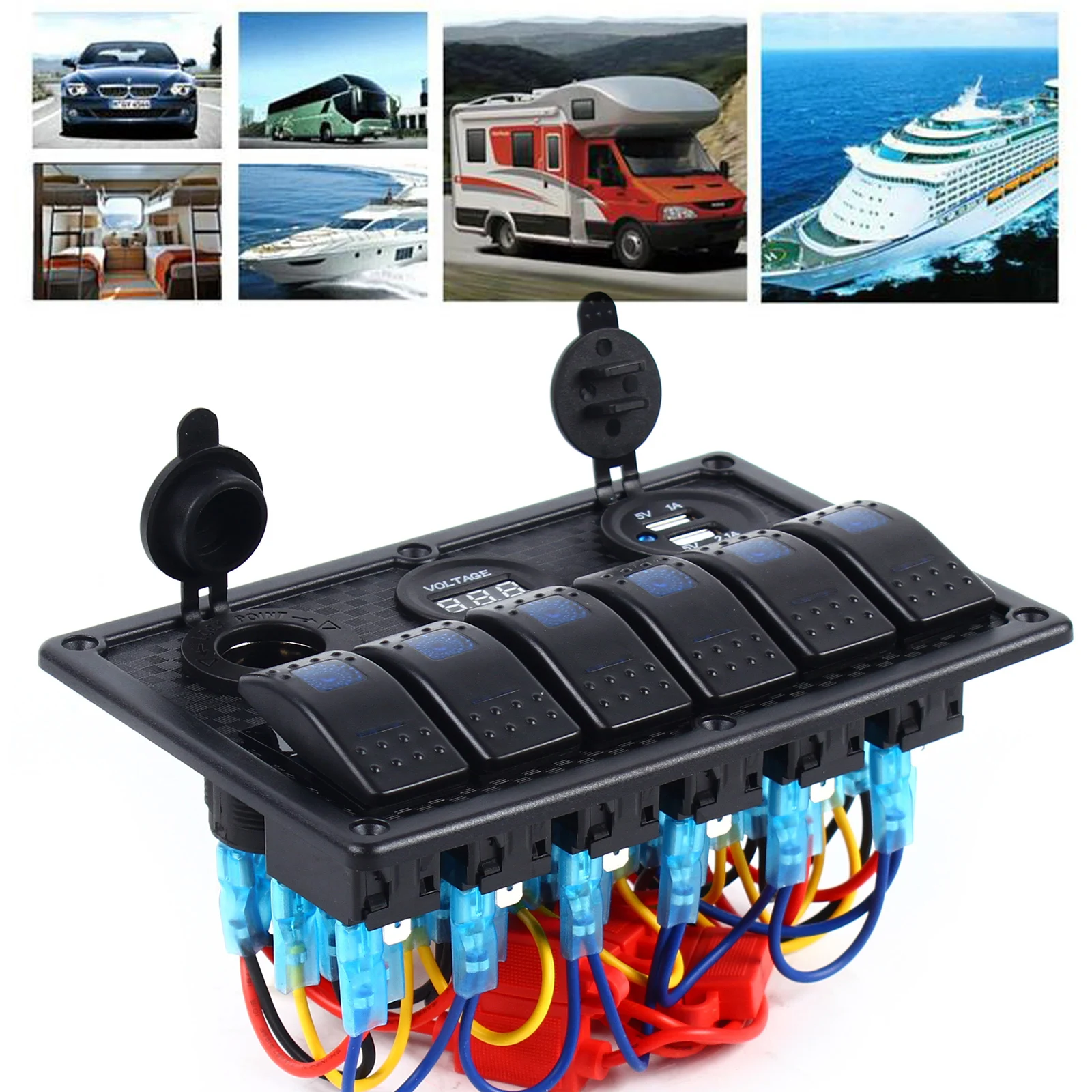 Pannello interruttori per yacht a 6 posizioni DC 12V-24V Pannello di controllo interruttori LED a 6 posizioni per yacht 240W Max di livello marino