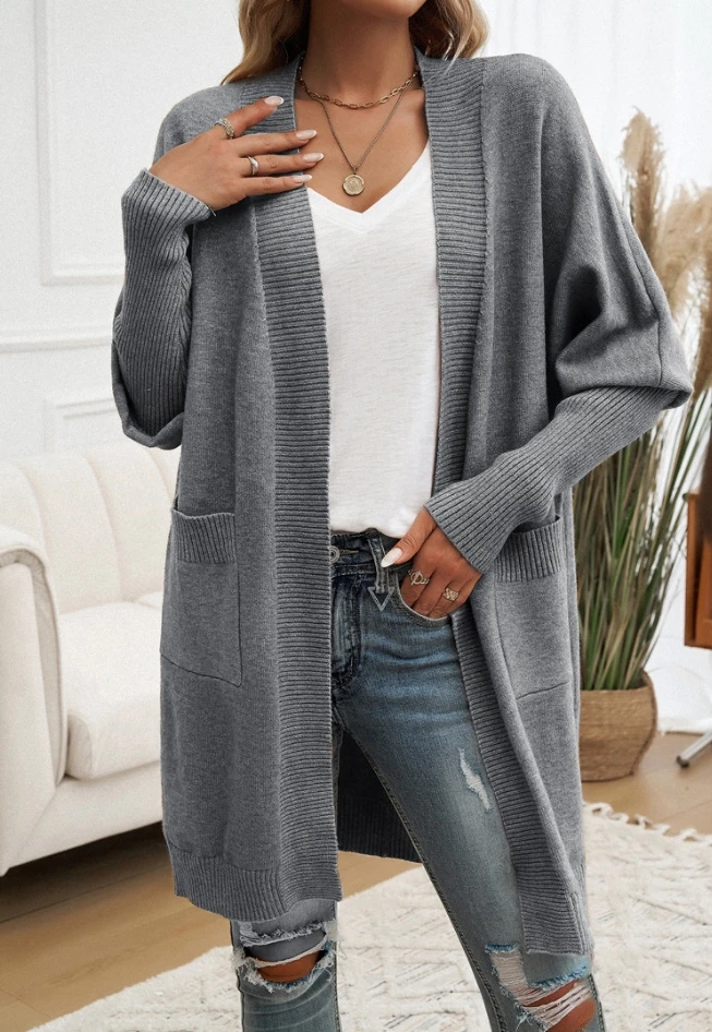 

Women's Lazy Cardigan 2024 Autumn Winter Latest Bat Sleeve Temperament Pocket Solid Color Sweater Coat Jacket Open Front Top