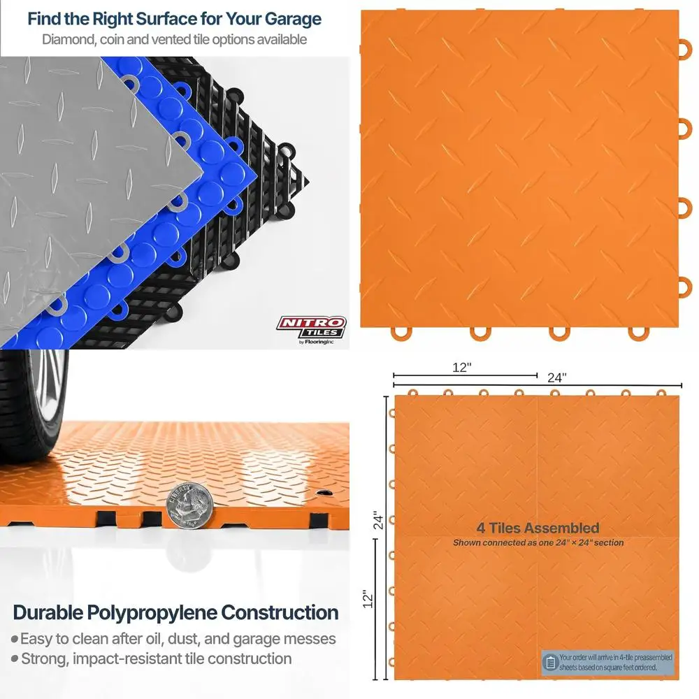 

12 x 12 Heavy-Duty Interlocking Garage Floor Tiles, Diamond Pattern Polypropylene Flooring, Non-Slip, Orange, 24-Pack, 24 Sq/ft