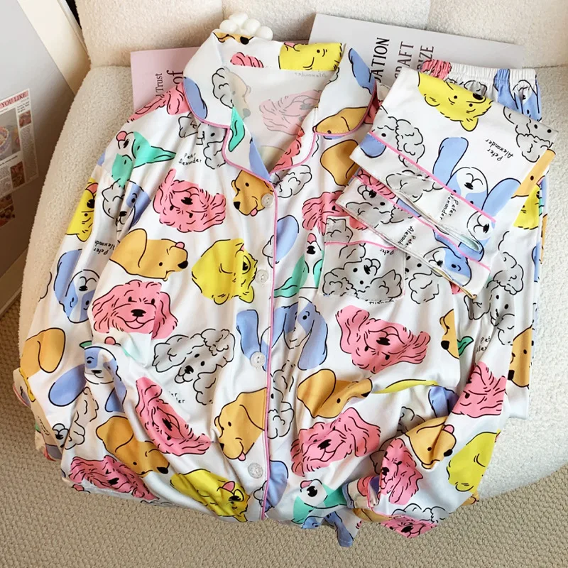 Korean New Cartoon Cute Color Puppy Pajamas Women\'s Autumn Long-sleeved Suit Fashion Home Clothes Cute Dogs Printing Pyjama Set