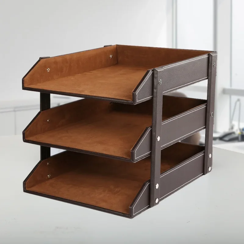 

Leather Three-layer File Rack Data Rack Desktop Office Storage File Tray Business Office Supplies Book and Newspaper Rack