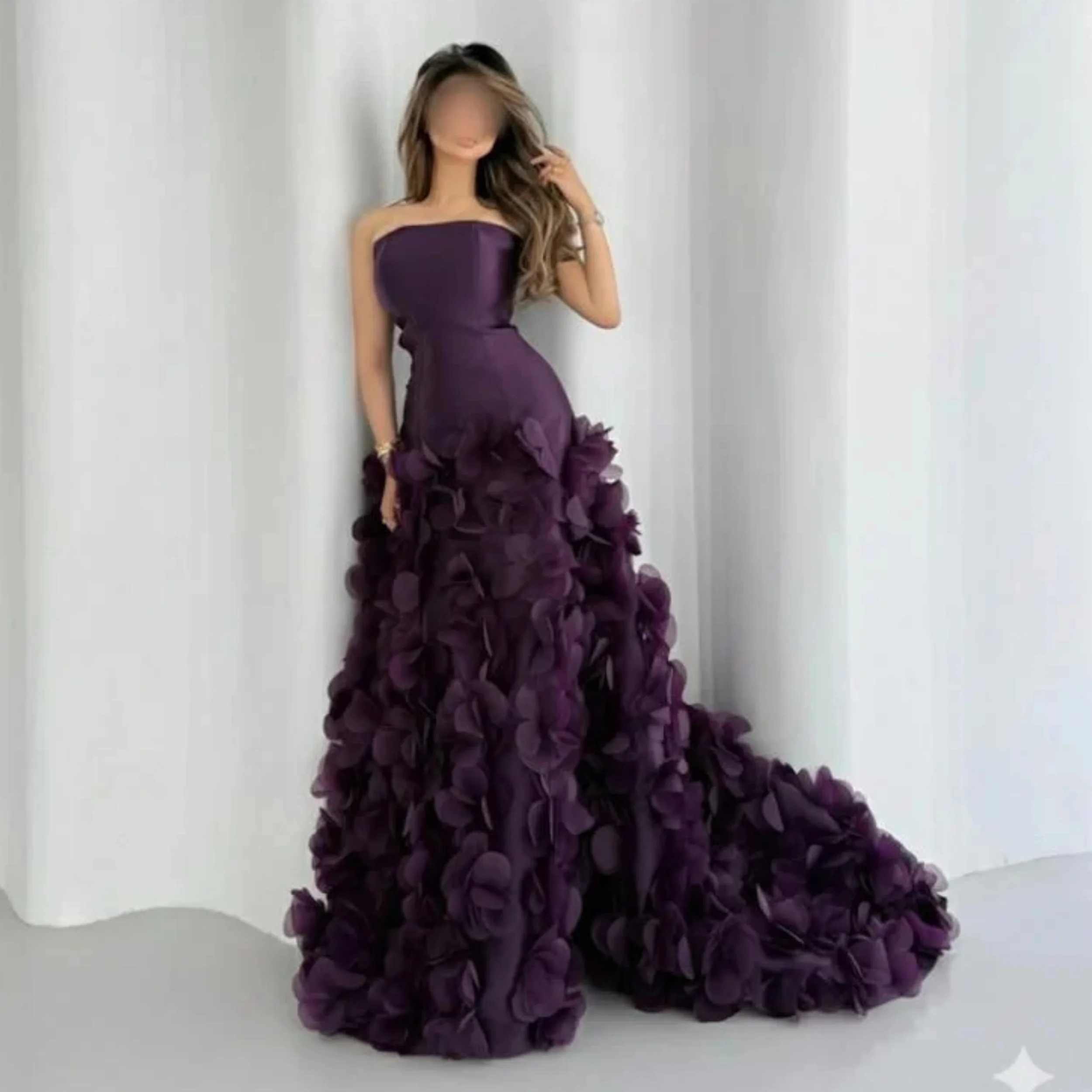 ชุดราตรีสีม่วงสวยหรู ทรงเอไลน์ สายเดี่ยว ประดับดอกไม้ ชุดราตรีแบบสั่งตัด สง่างาม สำหรับงานเลี้ยง งานพรอม พร้อมชายกระโปรงยาว