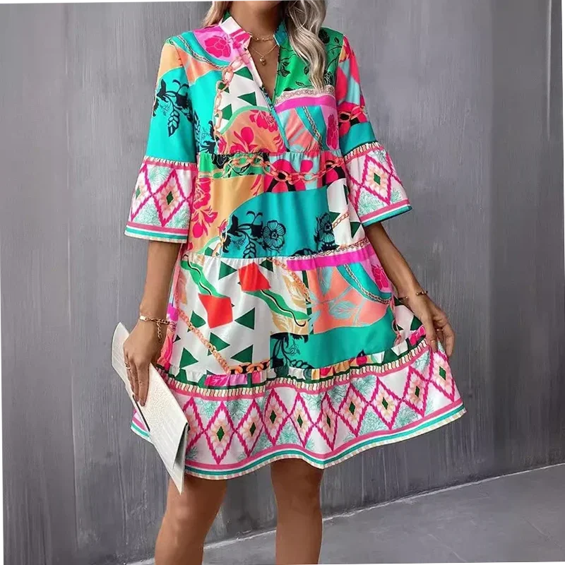 Sexy bedruckte Patchwork Party Bohemian Kleider Damen elegante Pagode Ärmel Büro Mini Abendkleid 2024 Herbst Urlaub Kleid